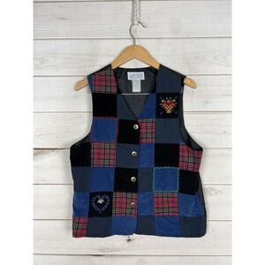 Jantzen Vest Womens Medium Blue Red Plaid Patchwork Corduroy Quilted Embroidered